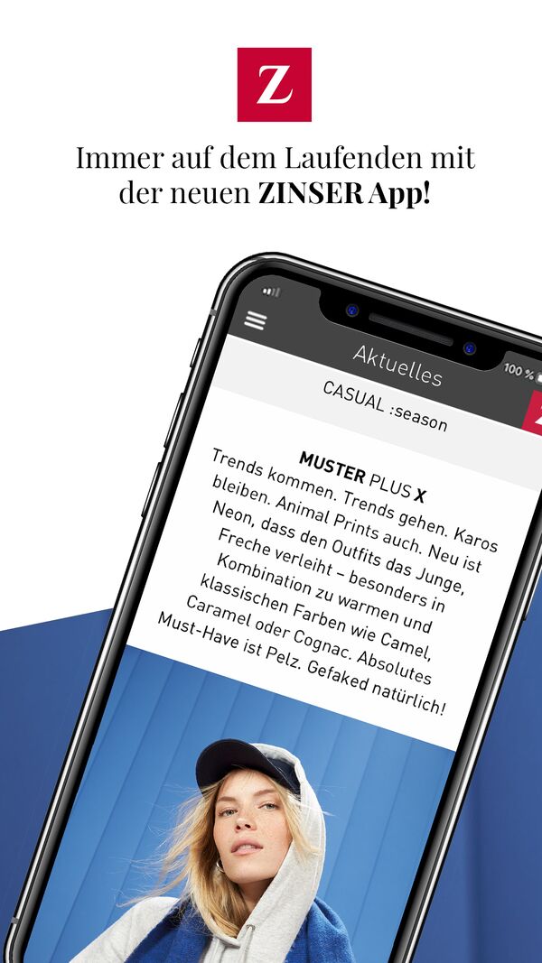 Smartphone-Bildschirm und die Aufschrift "Immer auf dem Laufenden mit der neuen ZINSER App!"
