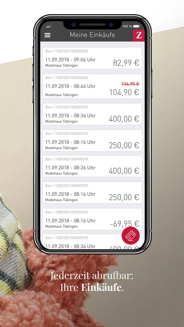Smartphone-Bildschirm und die Aufschrift "Jederzeit abrufbar: Ihre Einkäufe."