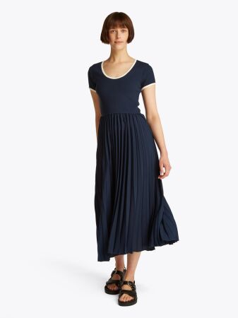 CONTRAST SOFT V-NK PLEAT DRESS